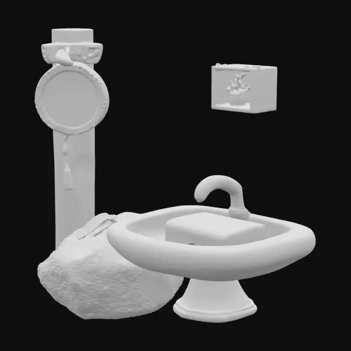 3D model for Anime’s A Wood With An Toothbrush An Mirror, Anime’s A Soft Leaf In The  Ground, Anime’s Rock With Chair, Water Sink With Dirt, Anime’s Soap With Water