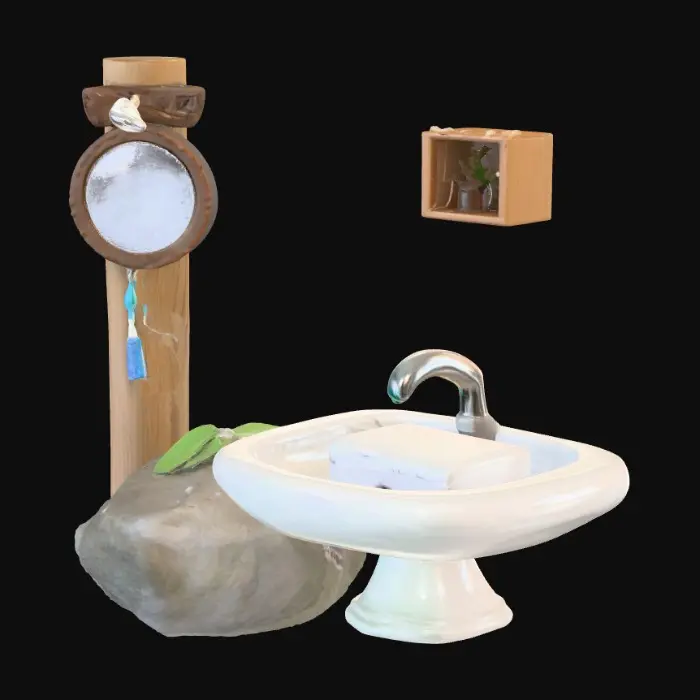 3D model for Anime’s A Wood With An Toothbrush An Mirror, Anime’s A Soft Leaf In The  Ground, Anime’s Rock With Chair, Water Sink With Dirt, Anime’s Soap With Water