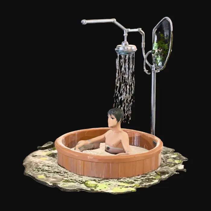 3D model for Anime’s Dirt With Hot Bath, Anime’s Water In The Hot Tub, Anime’s A Soft Leaf Into the Rock in the Ground and Top, Anime’s Tree With Shower Head