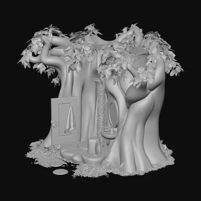 3D model for Tree With Shower,  Water In The Shower, A Door Made In Wood, Tree Towel Made In Soft Leaf, A Rock With An Toothbrush An Mirror, a Water in the Ground, A Soft Leaf Into the Rock in the Ground and Top,