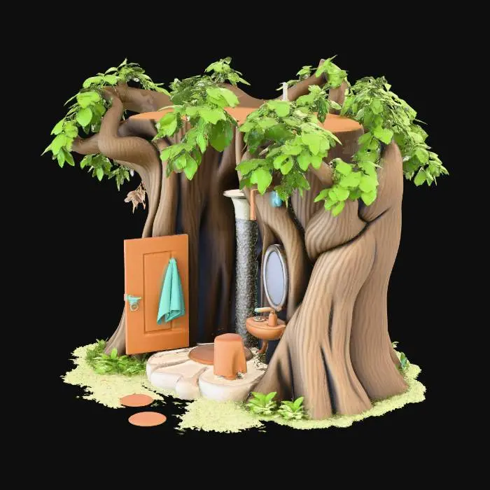 3D model for Tree With Shower,  Water In The Shower, A Door Made In Wood, Tree Towel Made In Soft Leaf, A Rock With An Toothbrush An Mirror, a Water in the Ground, A Soft Leaf Into the Rock in the Ground and Top,