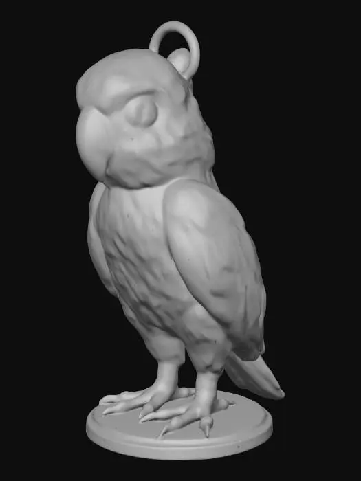 3D model for A high-resolution, perfectly smooth, high-poly organic stylized parrot figurine. The entire surface (beak, body, head, feathers, feet) must be flawless, without a single geometric facet or flat low-poly plane. seamless transition between forms. Model must be a solid manifold mesh for 3D printing. Instead of any metallic chains or loose rings, seamlessly integrate a single, reinforced, thick-walled loop with a clean hole directly into the back of the parrot's neck or head structure, specifically for a physical keyring. Flat bottom. Dark background. Very detailed definition of smooth organic textures.