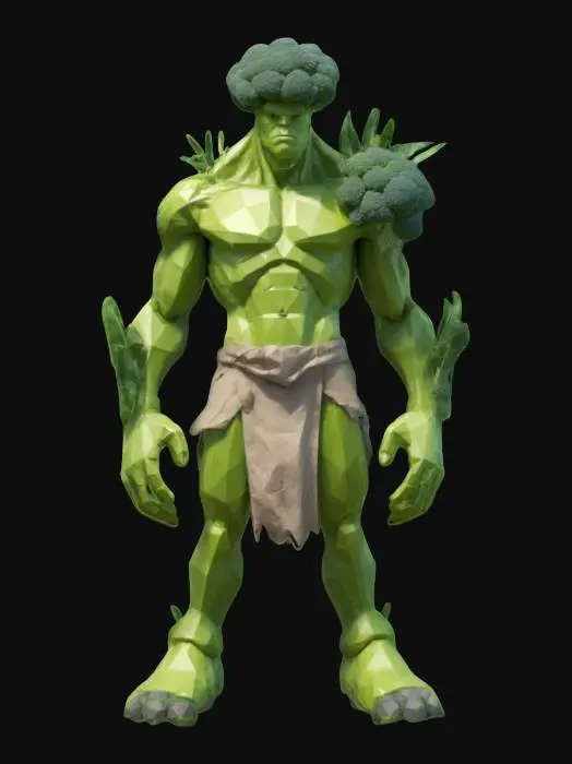 3D model for Symmetrical Body, Full Body, A-pose, low poly, broccoli humanoid, tall, skinny, warrior, tough