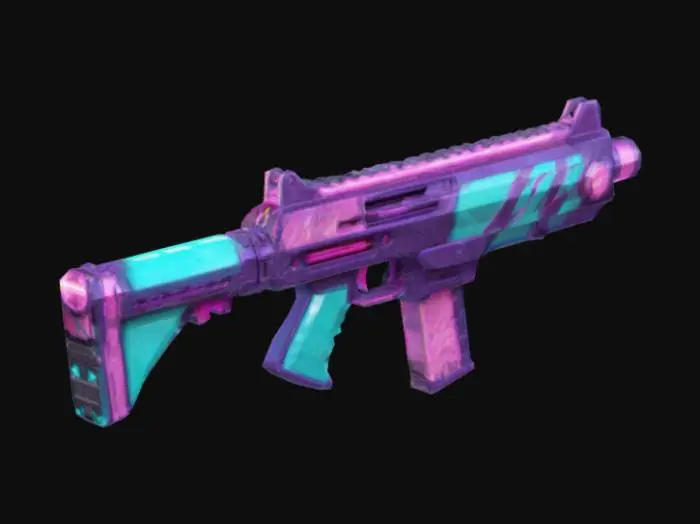 3D model for Lightning SMG
"Masterpiece, lowpoly, glowing magic laser submachine gun in chibi style. Sleek, elongated design with a deep violet base accented by diagonal turquoise lightning zigzags and playful pink highlights on the magazine and grip. Legendary item with a unique, flat, and funny shape, vivid colors."
