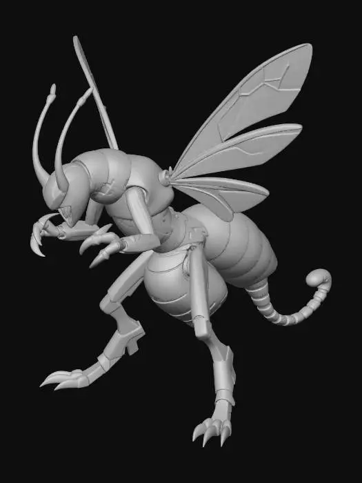 3D model for um pokemon com garras predatorias de louva a deus, cauda de escorpião, corpo de vespa e asas de vespa