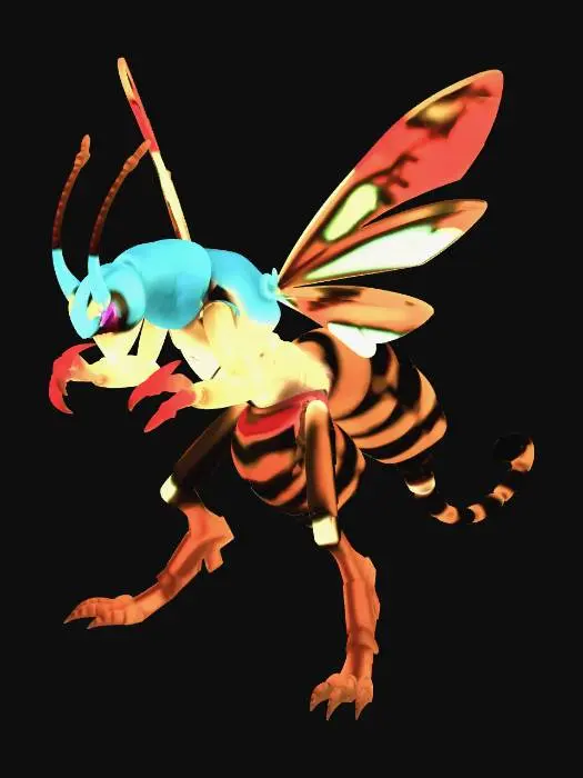3D model for um pokemon com garras predatorias de louva a deus, cauda de escorpião, corpo de vespa e asas de vespa