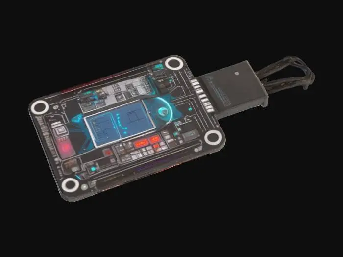 3D model for Create a 3D model of a small, single-piece cyberpunk cosplay prop: a standalone neural interface board, worn as a flat accessory. Feature a sleek, robotic design with a thin, board-like structure, etched with glowing circuitry patterns and a pulsating holographic display embedded in a mechanical frame. Include blinking micro-LEDs and a translucent core with a cybernetic glow, evoking a dystopian, high-tech vibe inspired by Neuromancer or Cyberpunk 2077. Emphasize angular, machine-like geometry. Ensure it’s wearable, lightweight, and 3D-printable as a single, non-modular piece, with no body part attachment.