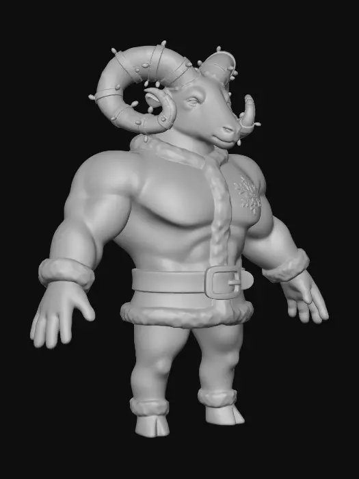 3D model for High-quality 3D stylized character model of a muscular bipedal ram dressed as Santa Claus. Buff physique, broad shoulders. Features: curved horns wrapped in glowing Christmas lights, red Santa suit with a gold belt, snowflake emblem on chest. Unique tail: a small upside-down decorated Christmas tree. Vibrant colors, smooth clay-like texture, soft studio lighting, white background, 8k resolution, Unreal Engine 5 render style.