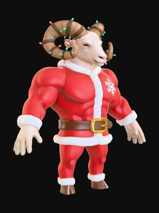 3D model for High-quality 3D stylized character model of a muscular bipedal ram dressed as Santa Claus. Buff physique, broad shoulders. Features: curved horns wrapped in glowing Christmas lights, red Santa suit with a gold belt, snowflake emblem on chest. Unique tail: a small upside-down decorated Christmas tree. Vibrant colors, smooth clay-like texture, soft studio lighting, white background, 8k resolution, Unreal Engine 5 render style.