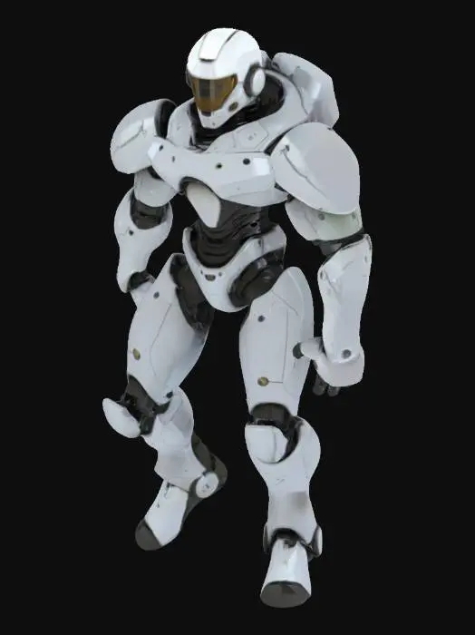 3D model for A robot space marine soldier. Has a gun and a helmet and wears armor. Relatively low polygon, stylished. Lots of flat surfaces.