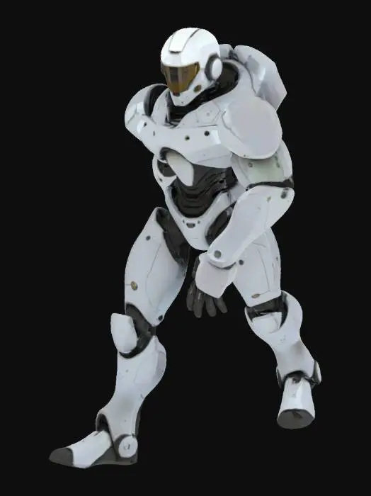 3D model for A robot space marine soldier. Has a gun and a helmet and wears armor. Relatively low polygon, stylished. Lots of flat surfaces.