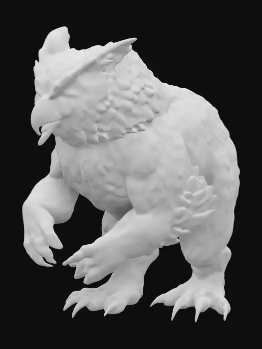 3D model for A standing owlbear. Highly detailed. Realistic. Large taloned paws. Beak open. Patterned like a barred owl. 