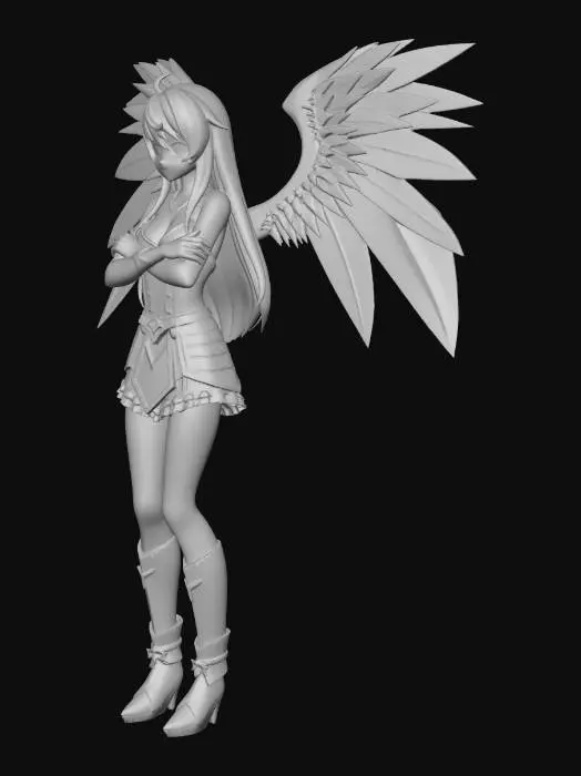 3D model for A winged valkyrie , anime style , shy stance , long orange hair(like nami from one piece) , figurine , sexy , low exposed neckline  , arms folded , pouting , cute
