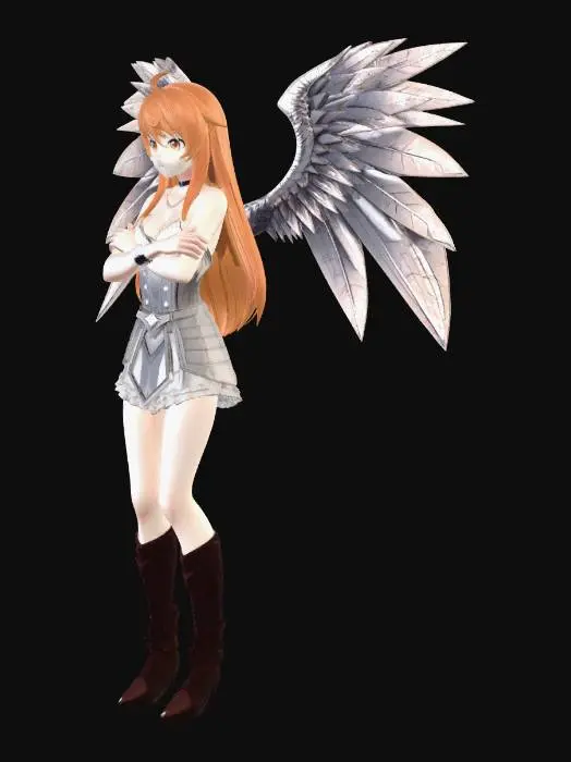 3D model for A winged valkyrie , anime style , shy stance , long orange hair(like nami from one piece) , figurine , sexy , low exposed neckline  , arms folded , pouting , cute