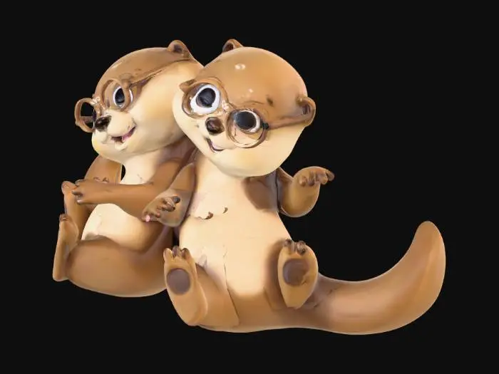 3D model for Erstelle mir 2 Otter die auf dem Rücken liegen nebeneinander und Händchen halten. Das bitte im comic Stil. Die Otter sollen süß aussehen.
