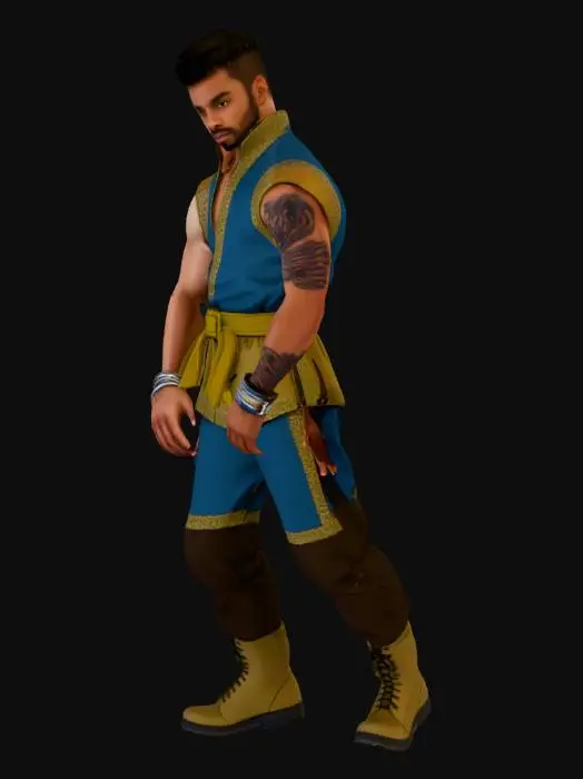 3D model for un jeune homme noir d"age moyen portant un costume traditonnel de style combat version street fighter avec  des marque noir sur son bras droit