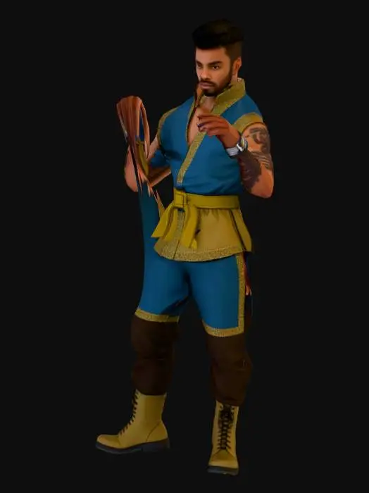 3D model for un jeune homme noir d"age moyen portant un costume traditonnel de style combat version street fighter avec  des marque noir sur son bras droit