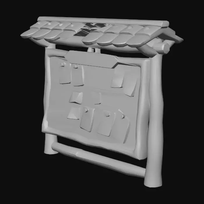 3D model for Medieval wooden quest board with small wooden roof on top, two vertical wooden posts holding it up, cork board surface with pinned papers, fantasy RPG guild notice board, Studio Ghibli style, low poly game asset, no background