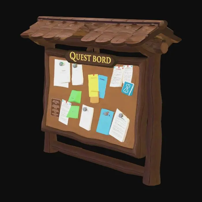 3D model for Medieval wooden quest board with small wooden roof on top, two vertical wooden posts holding it up, cork board surface with pinned papers, fantasy RPG guild notice board, Studio Ghibli style, low poly game asset, no background