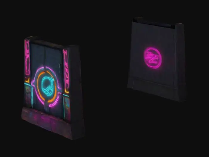 3D model for Create a cyberpunk alleyway facade featuring only walls and a road, richly adorned with vibrant neon graffiti. Exclude any props, as they will be added later, and omit lighting data since the level already provides it., Game Assets, Highly Detailed, Polished. Again this is an alleyway facade it needs a road or pavement, 2 or more walls highly grafffitied