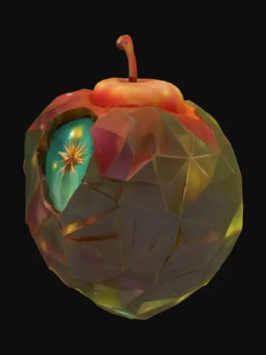 3D model for “SINGULARITY FRUIT”
— a seed that dreams of being a star.

🧩 Symbolic Form Prompt:
Model a floating fruit with crystalline facets and warped skin that reflects an impossible number of dimensions.

Outer shell appears frozen in time, like it’s constantly refracting different moments
Should look juicy and cosmic — a blend of nature and quantum
One side is cracked open to reveal a pulsing core or void kernel
Texture: oil-slick shimmer with embedded constellations
The Singularity Fruit grows only in places where ideas collide too hard to resolve.
To eat it is to remember every version of yourself that could have been.
