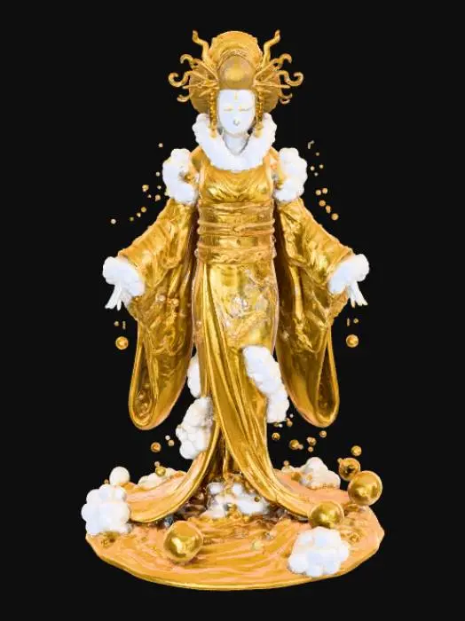 3D model for A geisha made of liquid gold and white clouds, liqyud gold bubbles,  white foam, white background,  #villain#