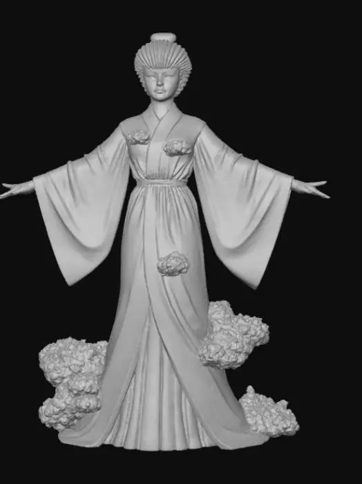 3D model for A geisha made of liquid gold and white clouds, liqyud gold bubbles,  white foam, white background,  #villain#, #villain#