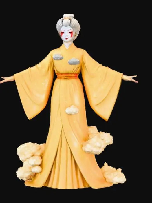 3D model for A geisha made of liquid gold and white clouds, liqyud gold bubbles,  white foam, white background,  #villain#, #villain#