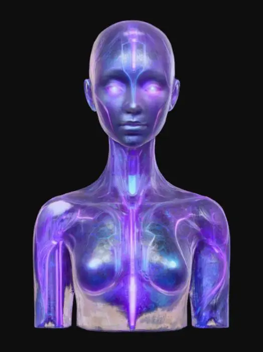 3D model for Crée une image sur le thème "synthetic dreams ", qui représente une intelligence artificielle humanoïde,  sur fond transparent png