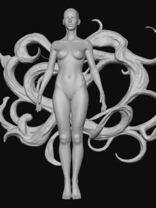 3D model for #villain#, Crée une image sur le thème "synthetic dreams ", qui représente une intelligence artificielle humanoïde,  sur fond transparent png