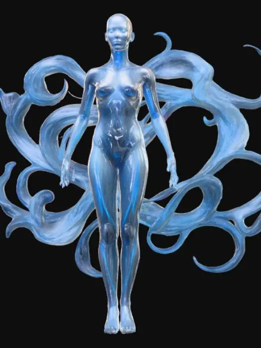 3D model for #villain#, Crée une image sur le thème "synthetic dreams ", qui représente une intelligence artificielle humanoïde,  sur fond transparent png