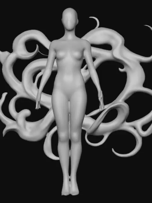 3D model for #villain#, Crée une image sur le thème "synthetic dreams ", qui représente une intelligence artificielle humanoïde,  sur fond transparent png