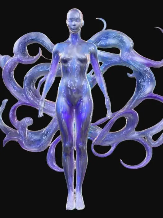 3D model for #villain#, Crée une image sur le thème "synthetic dreams ", qui représente une intelligence artificielle humanoïde,  sur fond transparent png