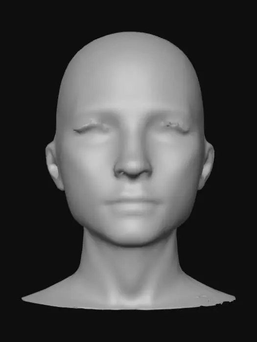 3D model for Un profil de tête humaine, composé de circuits imprimés lumineux d'un bleu et cyan éclatants. Des lignes fines et interconnectées forment les traits du visage et la structure du crâne, s'illuminant comme des chemins d'énergie. Sur un côté, le circuit se fragmente et se transforme en une cascade de chiffres binaires brillants, semblant se dissoudre dans l'air. L'ensemble a une texture lisse et numérique, évoquant un hologramme ou une projection de données, avec un effet légèrement diffus et éthéré.