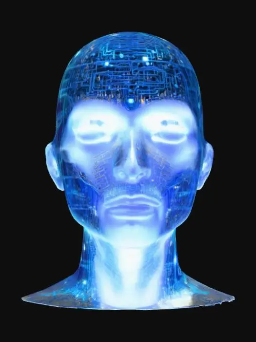 3D model for Un profil de tête humaine, composé de circuits imprimés lumineux d'un bleu et cyan éclatants. Des lignes fines et interconnectées forment les traits du visage et la structure du crâne, s'illuminant comme des chemins d'énergie. Sur un côté, le circuit se fragmente et se transforme en une cascade de chiffres binaires brillants, semblant se dissoudre dans l'air. L'ensemble a une texture lisse et numérique, évoquant un hologramme ou une projection de données, avec un effet légèrement diffus et éthéré.
