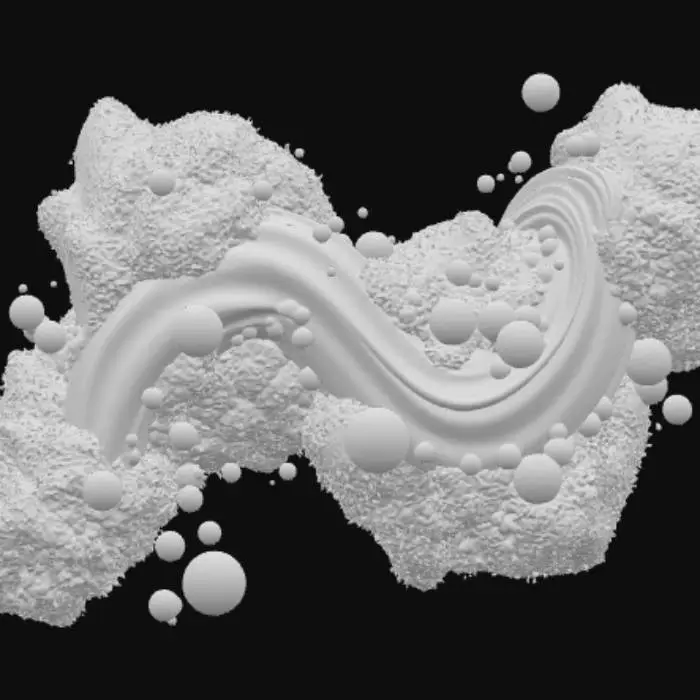 3D model for Liquid gold organic shape, gold bubbles and white clouds, foam