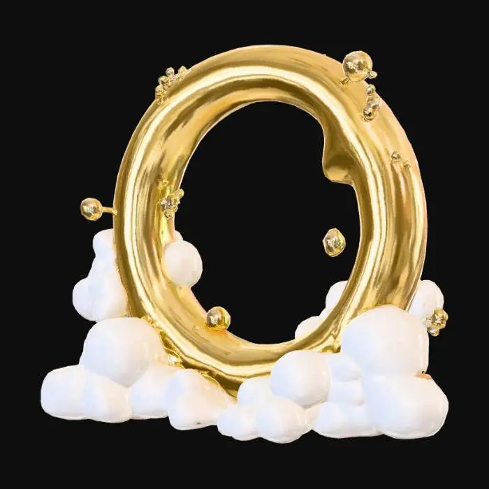 3D model for Liquid gold organic dripping circle cloud shape, gold bubbles and white clouds, foam, white background 
