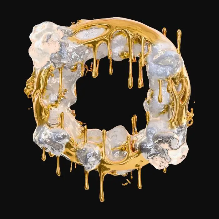 3D model for Liquid gold organic circular dripping shape, gold bubbles and white clouds, foam, white background 