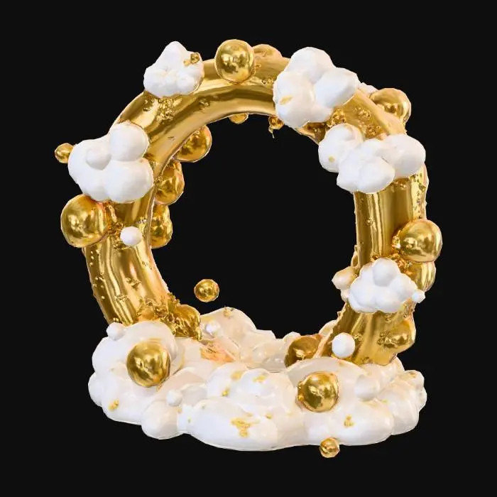 3D model for Liquid gold organic dripping circle cloud shape, gold bubbles and white clouds, foam, white background 