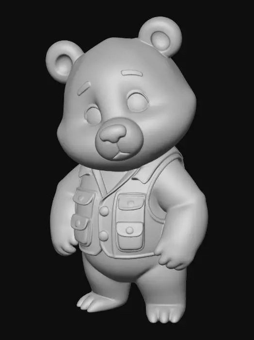 3D model for chibi adult bear, largest size, strong round body, wearing a tiny lumberjack vest, rich dark brown fur, warm friendly eyes, subtle warm glow, powerful but gentle pose, cartoon style, low poly game character, mobile game asset, solid background