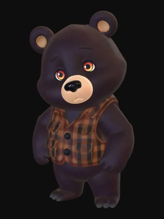 3D model for chibi adult bear, largest size, strong round body, wearing a tiny lumberjack vest, rich dark brown fur, warm friendly eyes, subtle warm glow, powerful but gentle pose, cartoon style, low poly game character, mobile game asset, solid background