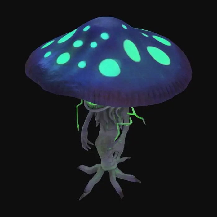 3D model for Anthropomorphic evil mushrooms, open mouth, sharo, full body shines around stars #bioluminescent#