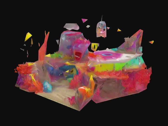 3D model for surreal, wide-eyed children’s TV dream—too happy to be safe. Everything gleams with over-saturated, high-contrast colors like melted toys: plastic coral, glossy sand, shiny chrome jellyfish that giggle when you blink. The Krusty Krab glows like a birthday cake left under blacklight, signs wobble as if underwater giggles animate them. Sky is a looping rainbow gradient, clouds are smiling faces. Water sparkles like glitter in a lava lamp. Nothing casts shadows. It’s all joy, but stretched—faces a little too still, eyes a little too big, smiles that never blink. A perfect place, forever, and it won’t let you leave.