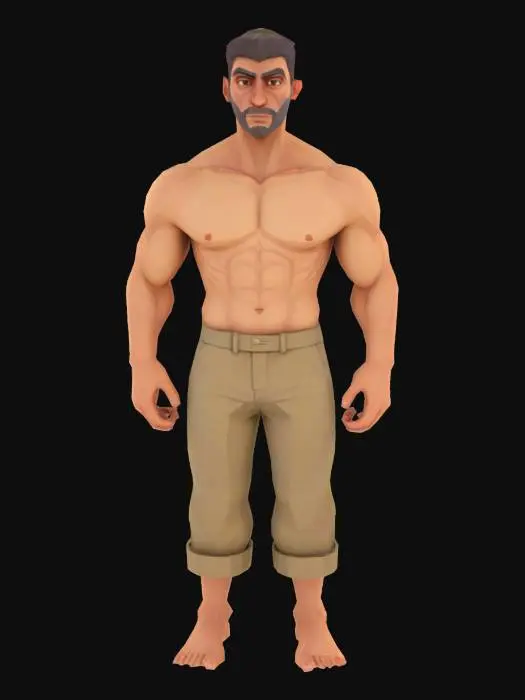 3D model for low poly, human main character,  fantasy, simple,  fit, muscular,no weapons, no armor just pants