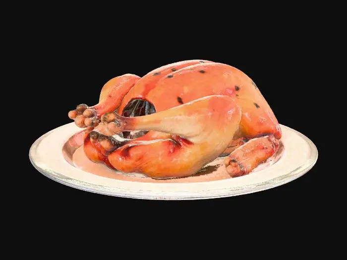 3D model for #Thanksgiving#, A perfectly roasted, golden-brown Thanksgiving turkey, presented whole on a large white serving platter. Emphasize the crispy skin, glistening with herbs and spices. Subtle details like carving marks or a few drops of juice on the platter would enhance realism. The focus should be entirely on the turkey, with simple, clean background elements that don't detract from its presentation. Lighting should highlight the rich textures and the inviting warmth of the cooked poultry.