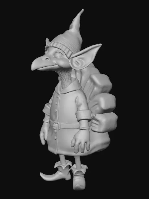 3D model for #Thanksgiving#, #Thanksgiving#, A whimsical and slightly absurd 3D character model: an elf with a turkey head. The elf's body should retain typical elven features like slender build and perhaps some traditional attire (e.g., green tunic, pointy boots), but with a fully rendered, realistic roasted turkey taking the place of its head. The turkey head should have expressive, almost cartoonish eyes to convey personality, perhaps a silly grin. The texture of the turkey head should be roasted and golden, contrasting with the more stylized elven body. Consider adding small, delicate elf ears poking out from the sides of the turkey head, or a tiny elf hat perched precariously on top of the turkey. The overall mood should be humorous and imaginative.
