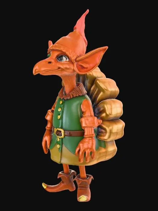 3D model for #Thanksgiving#, #Thanksgiving#, A whimsical and slightly absurd 3D character model: an elf with a turkey head. The elf's body should retain typical elven features like slender build and perhaps some traditional attire (e.g., green tunic, pointy boots), but with a fully rendered, realistic roasted turkey taking the place of its head. The turkey head should have expressive, almost cartoonish eyes to convey personality, perhaps a silly grin. The texture of the turkey head should be roasted and golden, contrasting with the more stylized elven body. Consider adding small, delicate elf ears poking out from the sides of the turkey head, or a tiny elf hat perched precariously on top of the turkey. The overall mood should be humorous and imaginative.