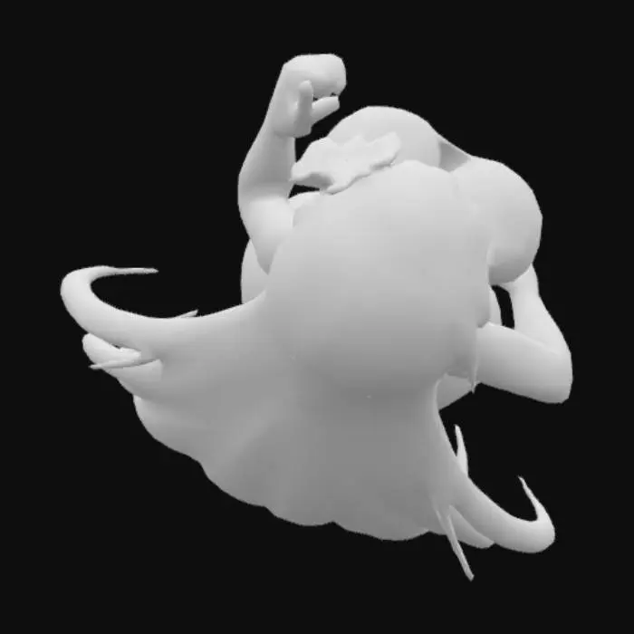 3D model for  shows an anime-style female character with long, wavy orange hair. She is wearing a blue and white bikini with a shark face design on the top. She also has a tattoo on her left upper arm, a flower in her hair, and is wearing blue flip-flops. Her pose is relaxed, with one hand on her hip and the other pointing upwards.


