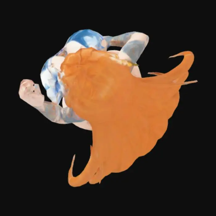 3D model for  shows an anime-style female character with long, wavy orange hair. She is wearing a blue and white bikini with a shark face design on the top. She also has a tattoo on her left upper arm, a flower in her hair, and is wearing blue flip-flops. Her pose is relaxed, with one hand on her hip and the other pointing upwards.


