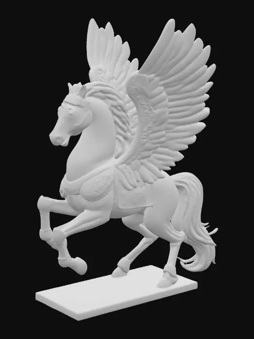 3D model for A masterfully carved wooden armored pegasus figurine, hand-carved medieval fantasy armor with wood grain texture, ornate woodworking details, large feathered wings carved with flowing wood patterns, dynamic rearing pose on hind legs, flowing mane with natural wood carved lines, detailed wooden armor plates with smooth beveled edges, artisan craftsmanship style, rich wood texture throughout, no sharp splinters or thin protruding elements, sculptural wooden carving quality, smooth transitions between carved sections, fantasy warrior aesthetic, casting and molding friendly design